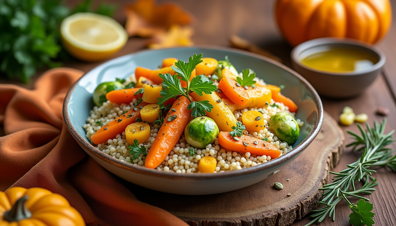 découvrez notre savoureuse recette de couscous aux légumes d'automne halal. savourez un plat réconfortant et coloré, parfait pour les repas en famille, alliant les légumes de saison à des épices délicates. idéal pour un dîner chaleureux.