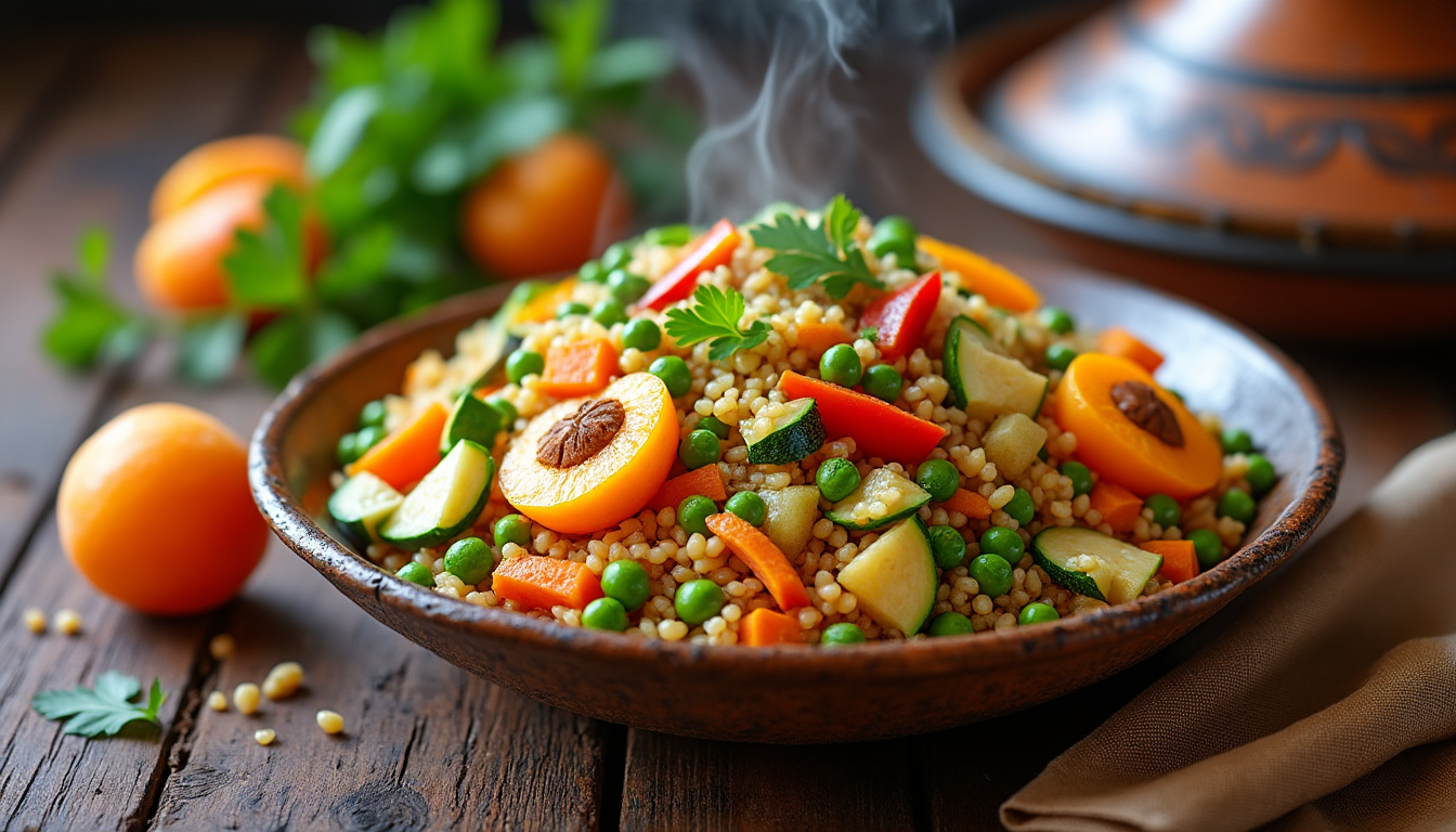 découvrez notre délicieuse recette de couscous aux légumes et abricots halal, un plat savoureux et coloré qui allie tradition et originalité. parfait pour un repas convivial, ce couscous riche en saveurs vous séduira avec ses légumes frais et les douceurs des abricots.