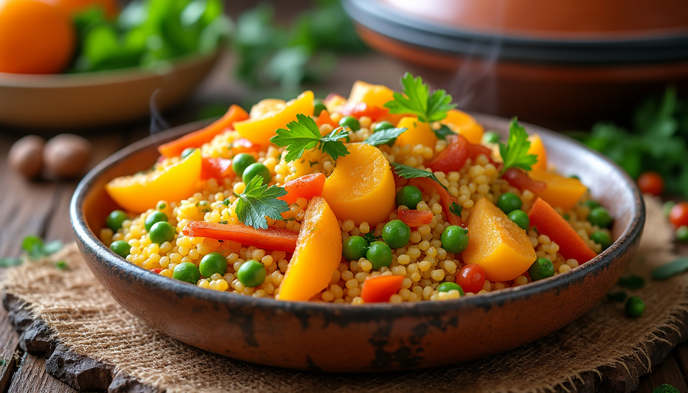 découvrez notre délicieuse recette de couscous aux légumes et abricots halal, une combinaison parfaite de saveurs et de textures. idéale pour un repas convivial, cette recette met en valeur des ingrédients frais et sains. suivez nos étapes simples pour réaliser un plat savoureux qui ravira vos convives !