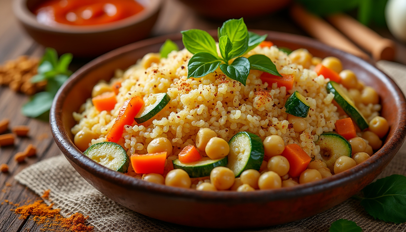 découvrez notre savoureuse recette de couscous aux légumes et pois chiches halal, un plat convivial et nourrissant, parfait pour vos repas en famille ou entre amis. facile à préparer, il allie des légumes frais et des épices délicates pour un goût authentique.
