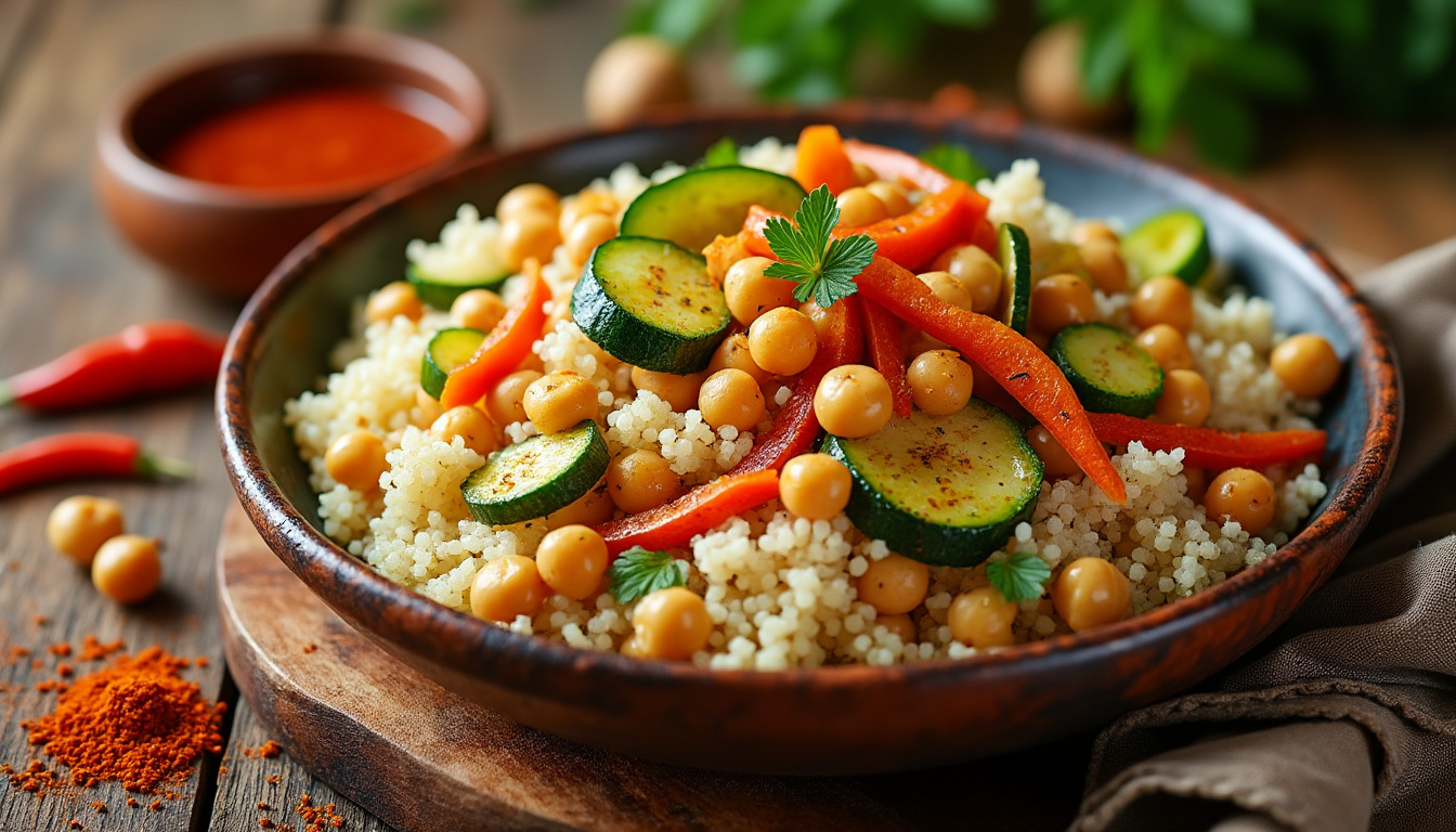 découvrez notre délicieuse recette de couscous aux légumes et pois chiches halal, parfaite pour un repas savoureux et réconfortant. savourez un mélange parfumé de légumes frais et de pois chiches tendres, le tout servi sur un lit de couscous léger et aérien. idéal pour les fins de semaine et les repas en famille.