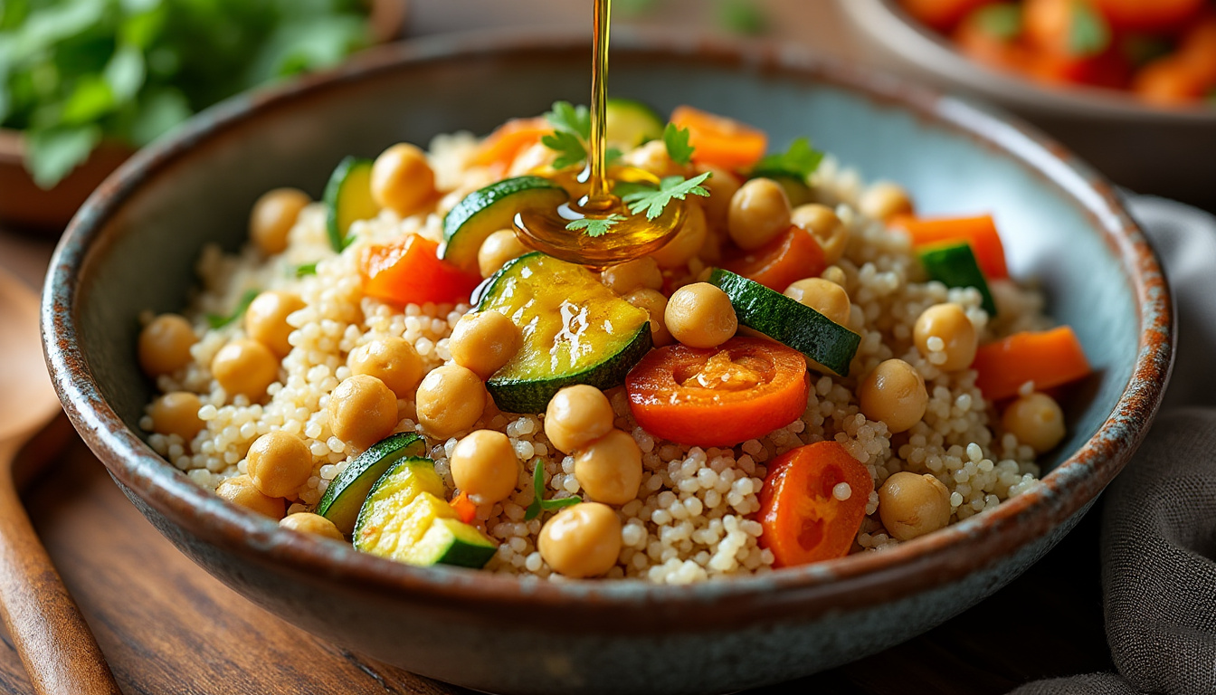 découvrez notre délicieuse recette de couscous aux légumes et pois chiches, un plat halal savoureux et réconfortant. parfait pour un repas familial, cette recette simple à réaliser combine des légumes frais et des pois chiches nourrissants pour un goût authentique et riche en couleurs. idéal pour toutes les occasions!
