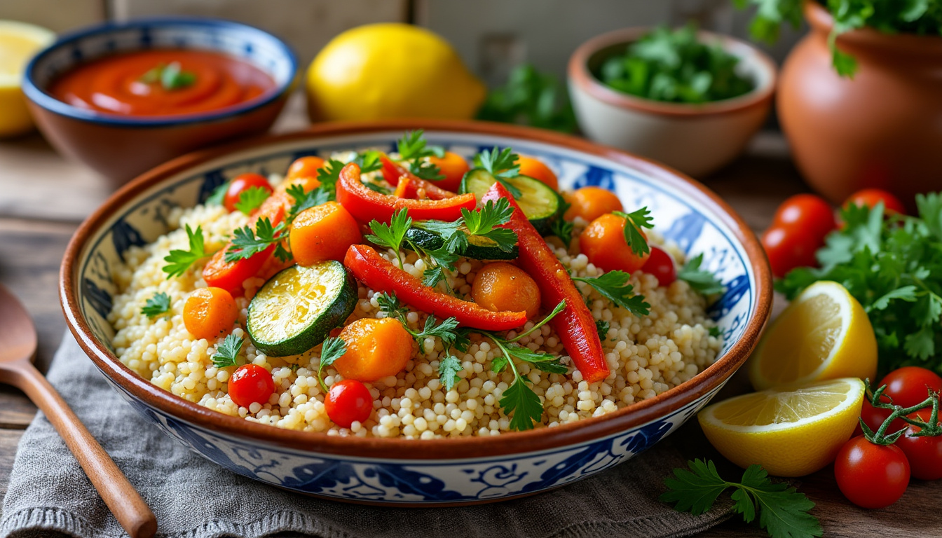 découvrez notre délicieuse recette de couscous aux légumes méditerranéens halal. un plat savoureux et coloré, parfait pour un repas convivial, qui met en avant les aromates et les saveurs ensoleillées du sud. idéal pour tous les amateurs de cuisine saine et gourmande!