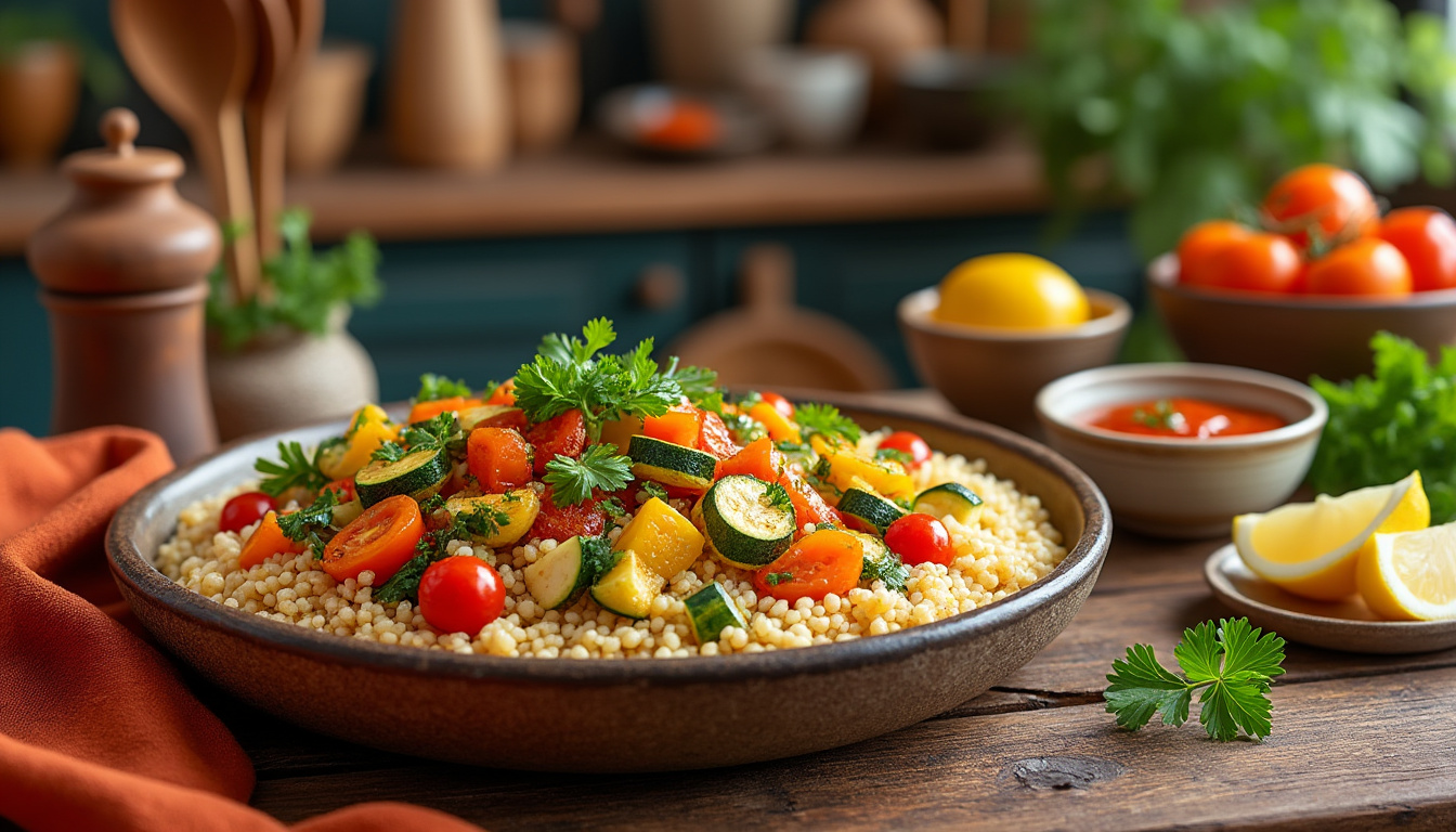 découvrez notre délicieuse recette de couscous aux légumes méditerranéens halal, un plat savoureux et coloré qui ravira vos papilles. facile à préparer, cette recette met en avant des ingrédients frais et sains, parfaits pour un repas convivial en famille ou entre amis.