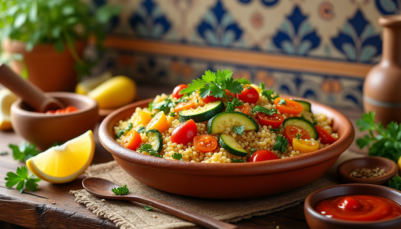 découvrez notre délicieuse recette de couscous aux légumes méditerranéens halal, une combinaison savoureuse de légumes frais et d'épices parfumées. parfait pour un repas convivial, ce plat coloré ravira vos convives et mettra du soleil dans votre assiette. facile à préparer, il est idéal pour toutes les occasions.