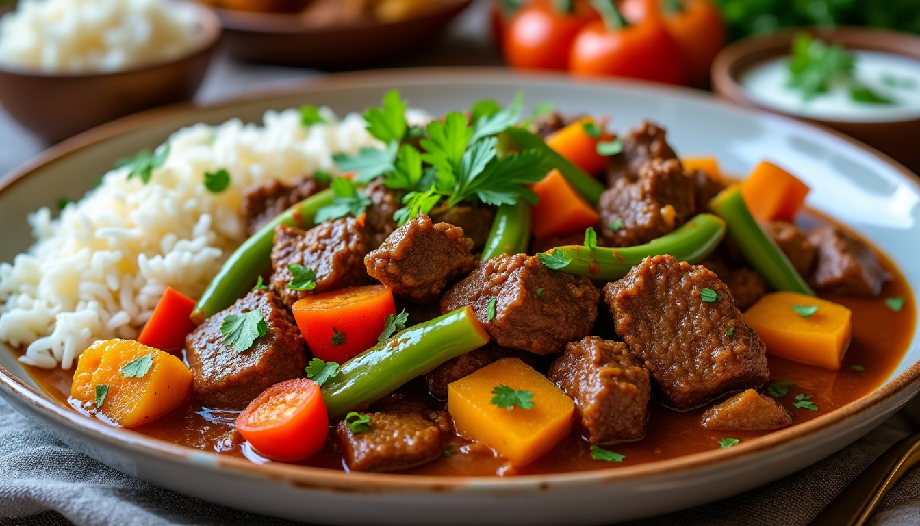 découvrez notre délicieuse recette de curry de bœuf aux légumes variés halal, un plat savoureux alliant tendreté de la viande et couleurs vibrantes des légumes. idéal pour régaler vos proches lors de vos repas en famille ou entre amis, ce curry parfumé ravira toutes les papilles.
