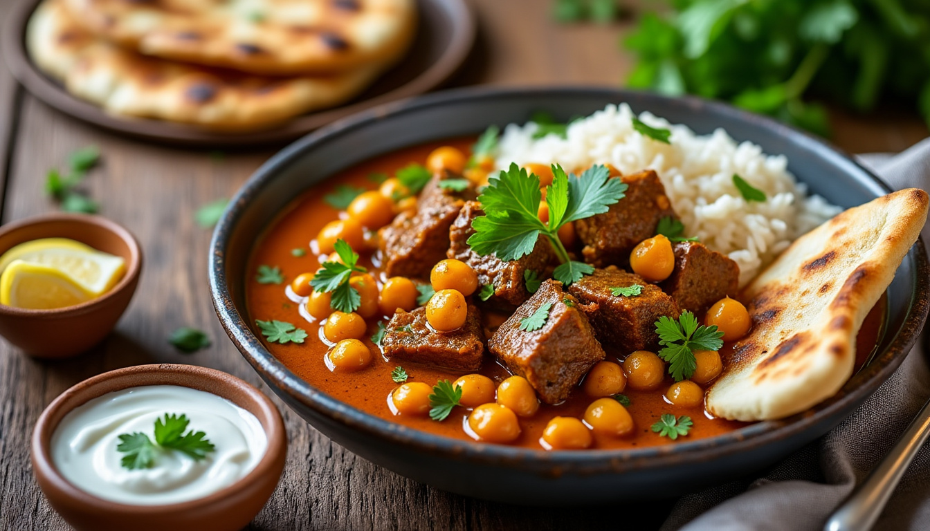 découvrez notre délicieuse recette de curry de bœuf aux pois chiches halal, un plat savoureux et réconfortant, parfait pour régaler vos proches. préparez ce mélange parfumé d'épices, de viande tendre et de pois chiches nutritifs pour un repas riche en saveurs et 100% halal.