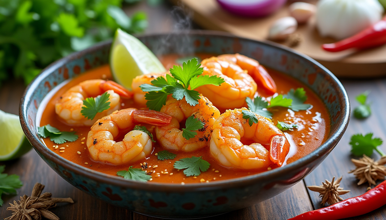 découvrez notre délicieuse recette de curry de crevettes au lait de coco halal, un plat savoureux et parfumé qui ravira vos papilles. facile à préparer, il combine des crevettes tendres et une sauce onctueuse rehaussée d'épices exotiques. parfait pour un dîner convivial ou un repas en famille!