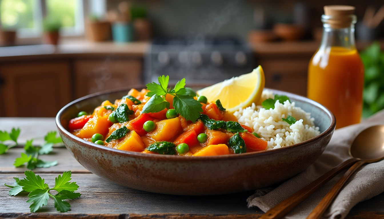 découvrez notre délicieuse recette de curry de légumes aux épinards halal, une préparation saine et savoureuse qui ravira vos papilles. facile à réaliser, ce plat coloré allie des légumes frais et des épices aromatiques pour un repas réconfortant et équilibré. parfait pour toute occasion!
