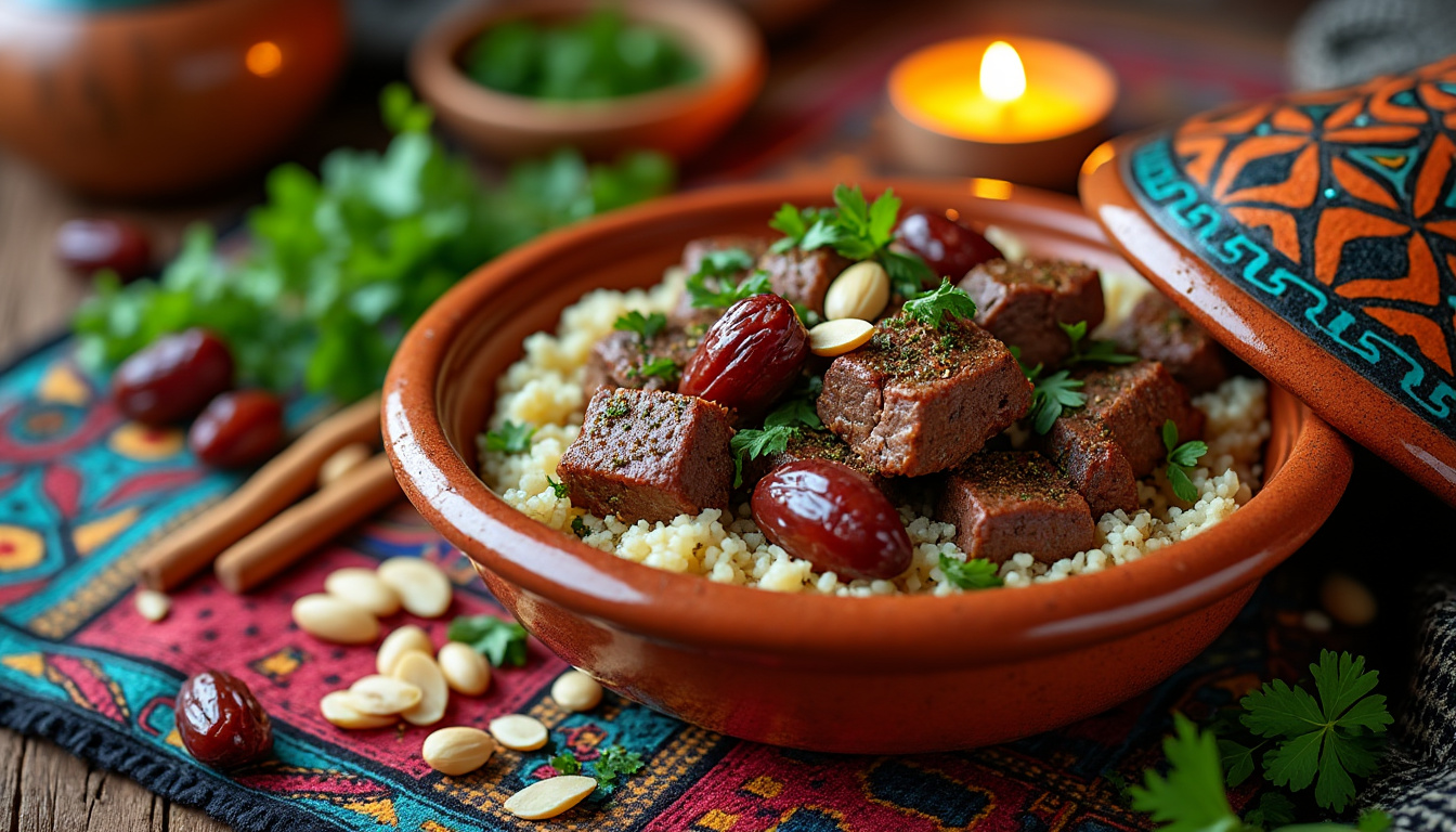 savourez un délicieux tajine d’agneau aux dattes, un plat halal riche en saveurs et en épices. cette recette facile à réaliser vous transportera au cœur de la cuisine orientale, alliant tendreté de la viande et douceur des dattes pour un festin inoubliable.