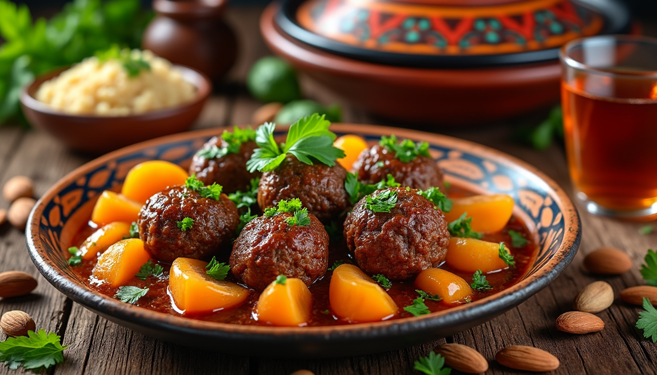 découvrez notre délicieuse recette de tajine de kefta aux abricots et miel, un plat halal savoureux qui allie la tendreté de la viande hachée aux notes sucrées des abricots et du miel. parfait pour un repas convivial en famille ou entre amis.