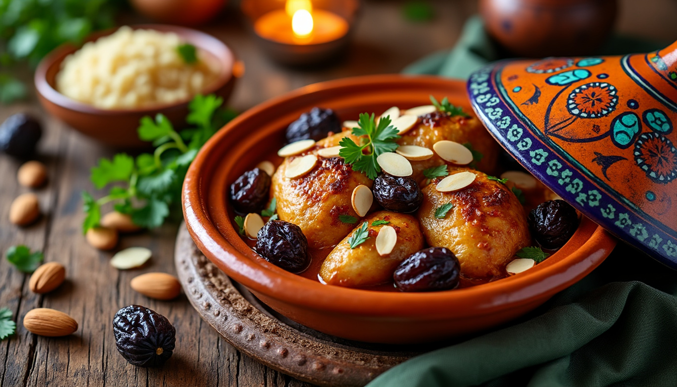 découvrez notre délicieuse recette de tajine de poulet aux amandes et pruneaux, un plat halal savoureux alliant tendreté du poulet et douceur des fruits secs. parfait pour épater vos convives lors d'un repas convivial, ce tajine riche en saveurs et en épices vous transportera au cœur de la cuisine marocaine.