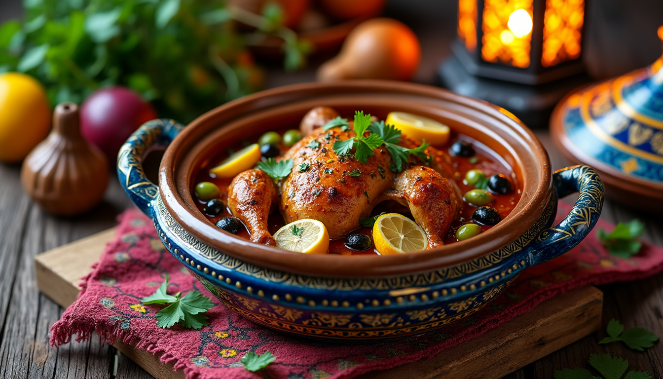 découvrez notre délicieuse recette de tajine de poulet aux olives et citron confit halal. un plat savoureux, idéal pour vos repas en famille ou entre amis, alliant tendresse du poulet et arômes méditerranéens. suivez nos étapes simples pour réaliser ce mets traditionnel rempli de goût et de couleurs.