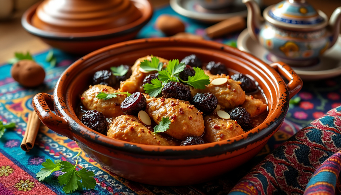 découvrez notre authentique recette de tajine de poulet aux pruneaux et cannelle halal, un plat savoureux qui allie douceur et épices. parfait pour vos repas en famille, ce tajine allie tendreté du poulet et notes sucrées des pruneaux, le tout relevé par un soupçon de cannelle. facile à préparer, il ravira vos convives par sa richesse de saveurs.