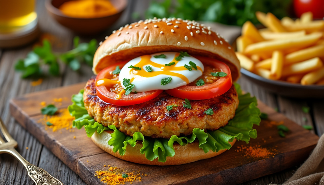 découvrez notre délicieuse recette de burger de poulet au curry halal, alliant saveurs épicées et tendreté du poulet. parfait pour un repas savoureux et original, ce burger ravira vos papilles tout en respectant vos choix alimentaires. à essayer sans modération !