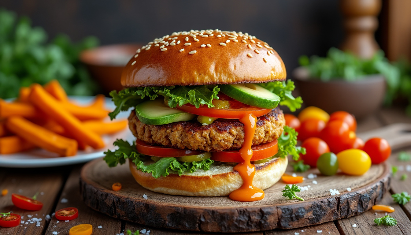 découvrez notre délicieuse recette de burger végétarien aux pois chiches halal, idéale pour un repas sain et savoureux. facile à préparer, ce burger allie la richesse des saveurs méditerranéennes à des ingrédients sains. parfait pour les amateurs de cuisine végétale !