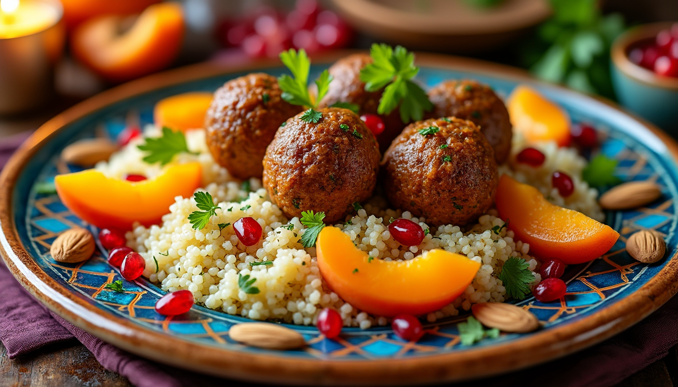 découvrez notre délicieuse recette de couscous aux boulettes de kefta et abricots, un plat halal savoureux qui allie tradition et goût. parfait pour vos repas en famille ou entre amis, cette recette vous transporte au cœur de la cuisine marocaine avec ses épices parfumées et ses ingrédients frais. préparez-vous à régaler vos convives avec une explosion de saveurs !