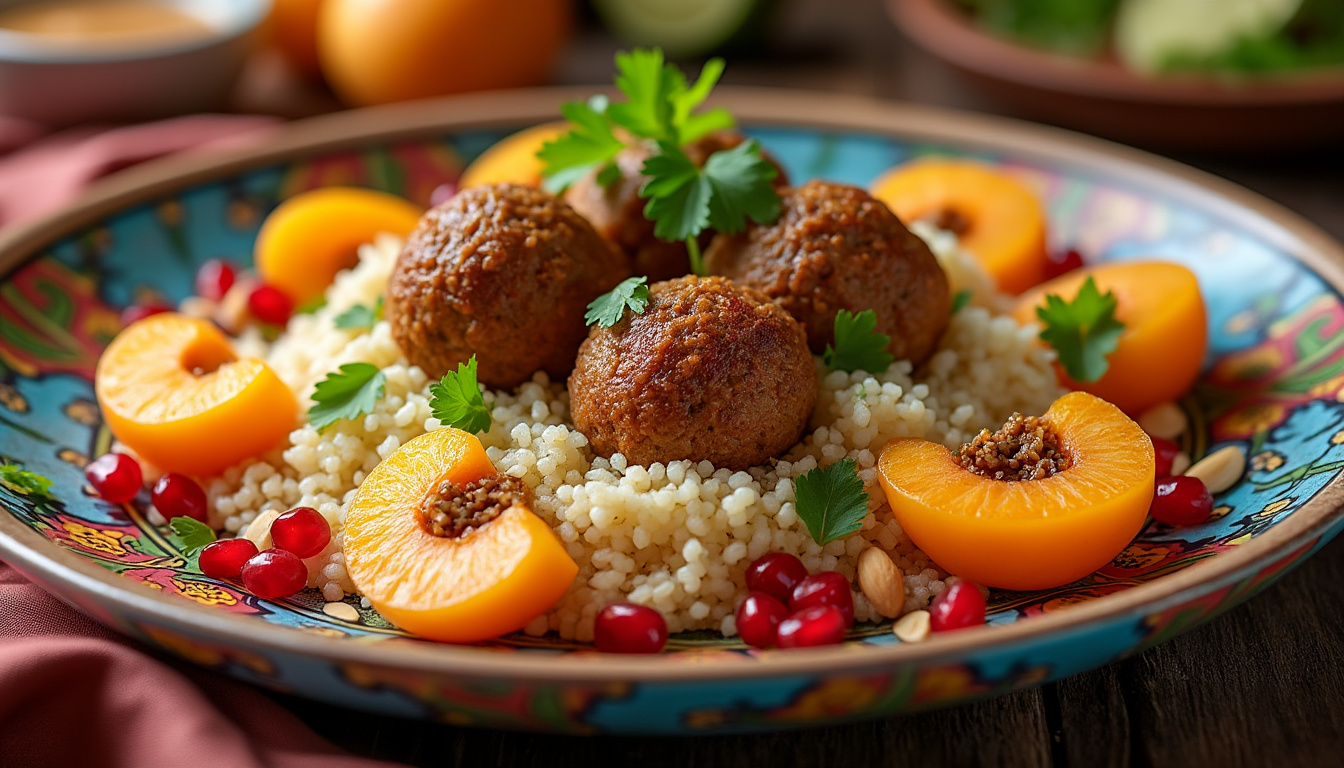 découvrez notre délicieuse recette de couscous aux boulettes de kefta et abricots halal. savourez un plat riche en saveurs, idéal pour les repas en famille ou entre amis. facile à préparer, ce couscous allie la tendresse des boulettes épicées à la douceur des abricots. parfait pour une journée ensoleillée ou un dîner réconfortant.