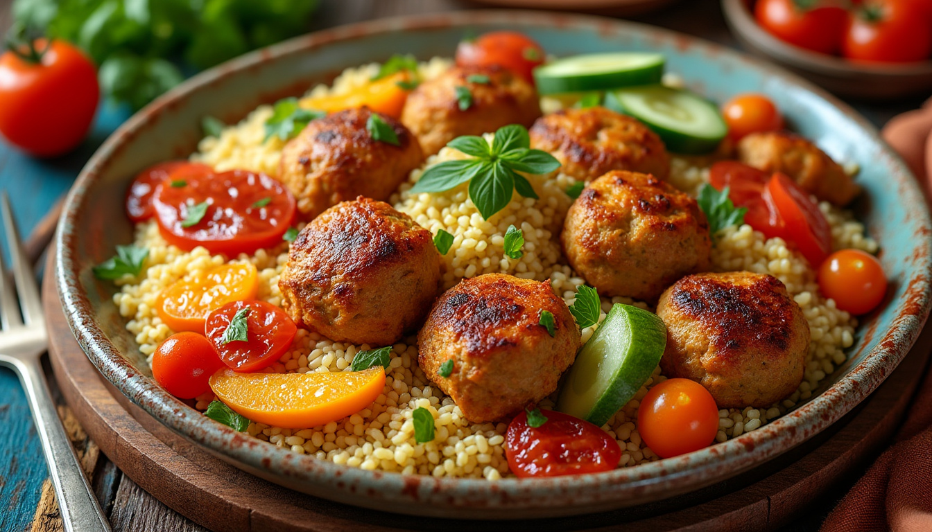 découvrez une délicieuse recette de couscous aux boulettes de poulet épicées halal, un plat savoureux et réconfortant qui ravira vos papilles. parfait pour les repas en famille ou entre amis, cette recette facile à réaliser vous transporte au cœur des saveurs du maghreb.