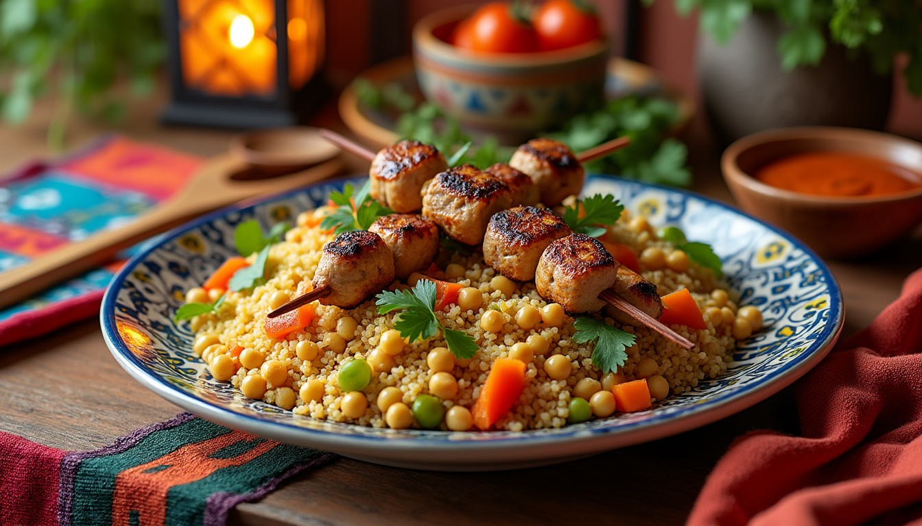 découvrez notre délicieuse recette de couscous aux brochettes de dinde halal, alliant saveurs parfumées et textures gourmandes. parfait pour un repas convivial en famille ou entre amis !