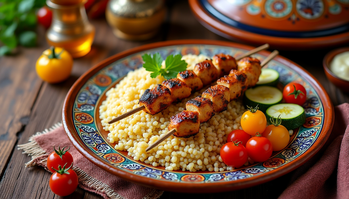 découvrez une délicieuse recette de couscous aux brochettes de poulet et légumes grillés halal, alliant saveurs exquises et ingrédients frais pour un repas convivial et savoureux. idéale pour épater vos invités ou pour un dîner en famille, cette recette facile à suivre met en valeur la cuisine traditionnelle aux influences modernes.