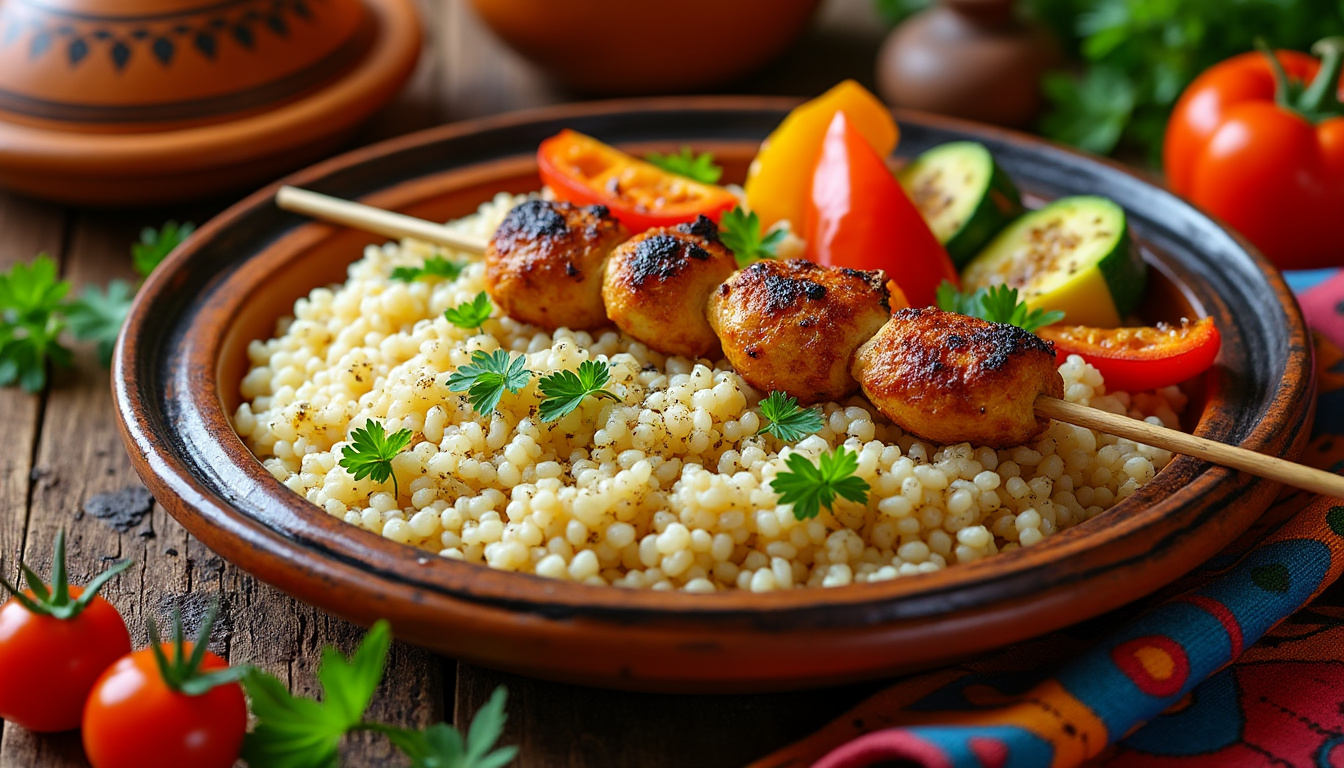 découvrez notre délicieuse recette de couscous aux brochettes de poulet et légumes grillés halal. un plat savoureux, coloré et réconfortant, parfait pour un repas en famille ou entre amis. suivez nos étapes simples pour réaliser ce plat traditionnel d'une manière authentique et pleine de saveurs.