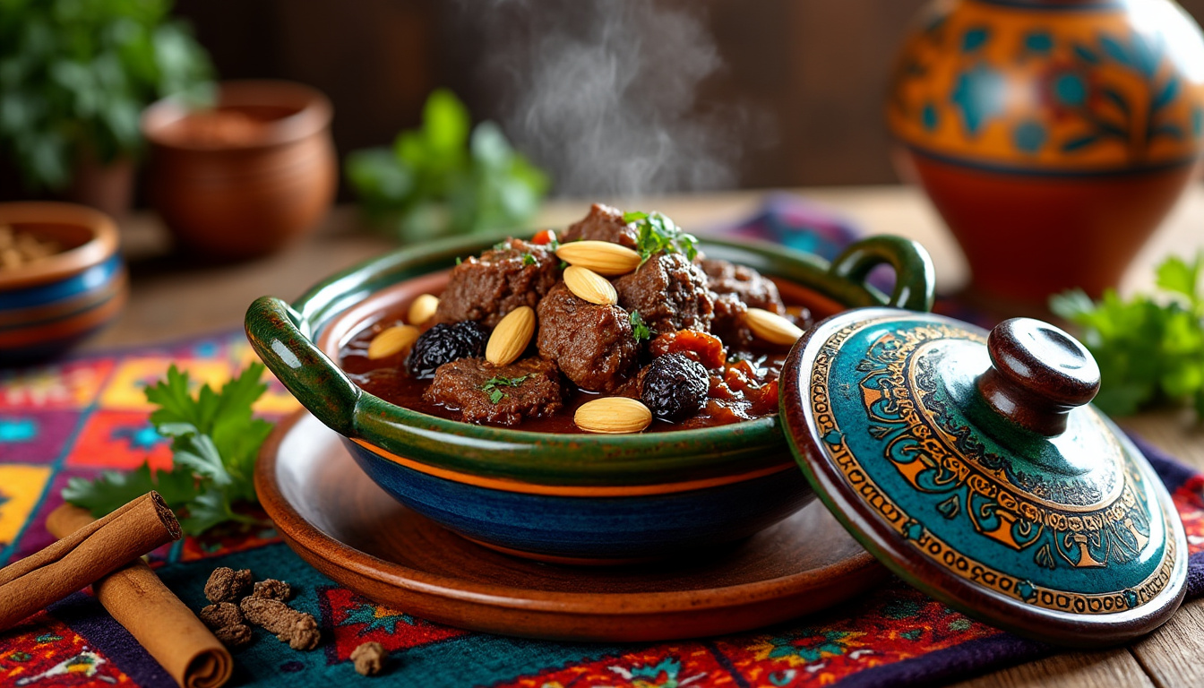 découvrez notre délicieuse recette de tajine d'agneau aux pruneaux et amandes, un plat halal savoureux et réconfortant. alliez la tendresse de l'agneau à la douceur des pruneaux et au croquant des amandes pour un repas convivial qui enchantera vos convives.