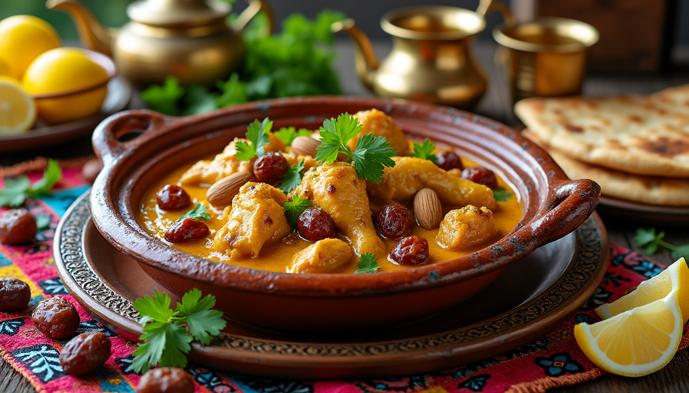 découvrez notre délicieuse recette de tajine de poulet aux amandes et dattes halal. un plat savoureux qui allie tradition et goût, parfait pour vos repas en famille ou entre amis. suivez nos étapes simples pour préparer ce mets généreux et réconfortant.
