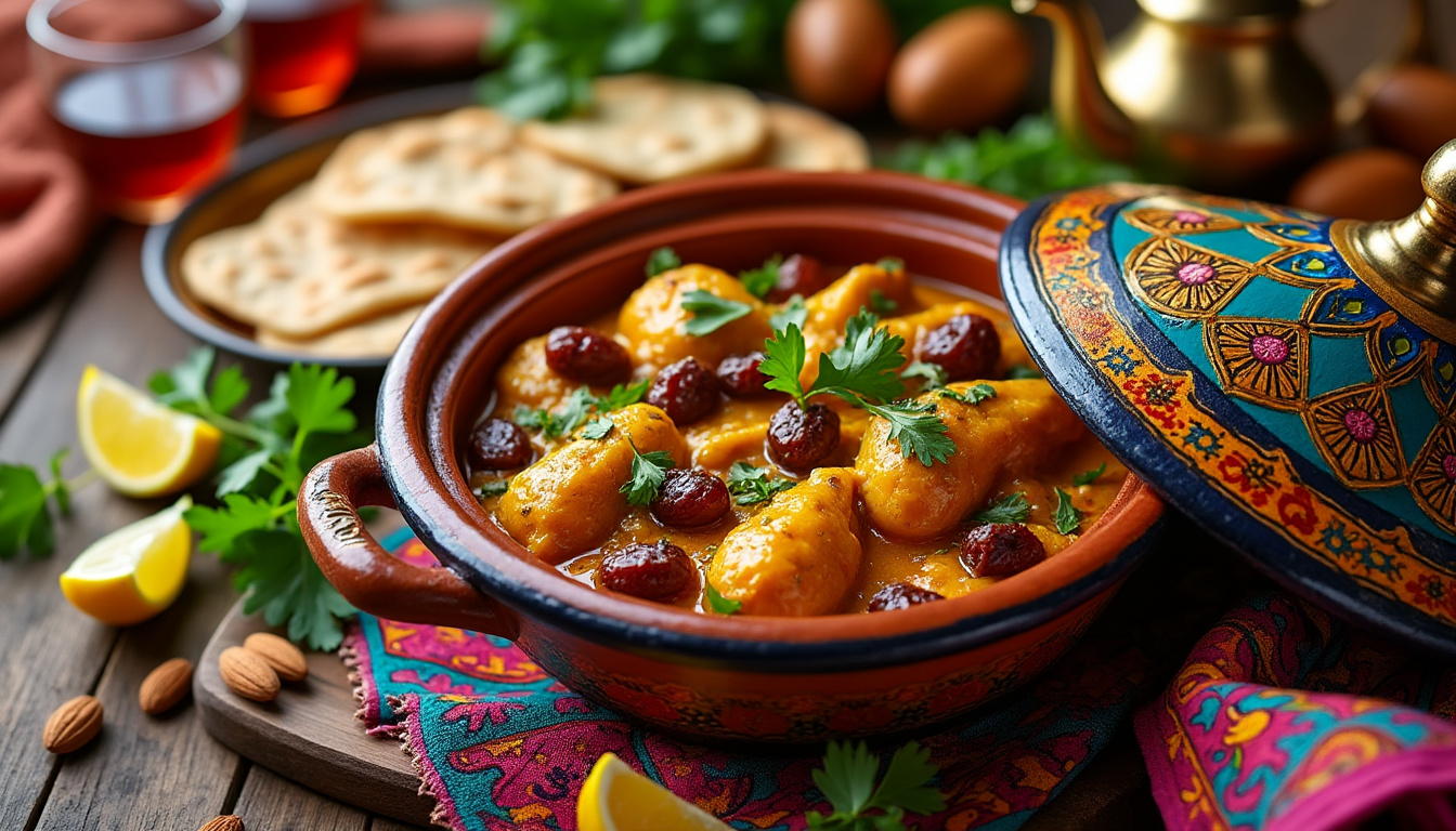 découvrez une délicieuse recette de tajine de poulet aux amandes et dattes, une spécialité halal alliant saveurs parfumées et textures fondantes. parfaite pour un repas convivial, cette préparation vous transportera au cœur de la cuisine marocaine. idéale pour les amateurs de plats sucrés-salés.