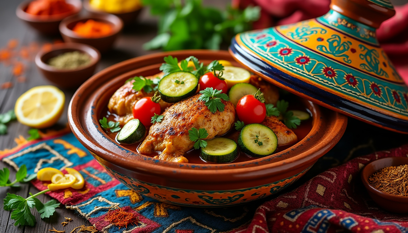 découvrez notre délicieuse recette de tajine de poulet aux courgettes et tomates, un plat halal savoureux qui allie tendreté de la viande et fraßcheur des légumes. parfait pour vos repas en famille ou entre amis, ce tajine ravira tous les palais avec ses épices parfumées et sa cuisson lente.